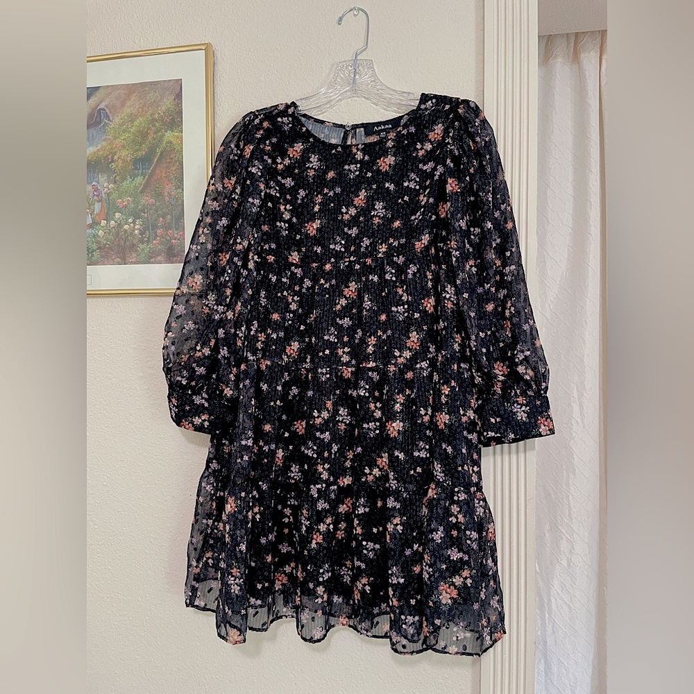 AAKAA Black Floral tiered Doll dress with cuffed sleeves and pockets